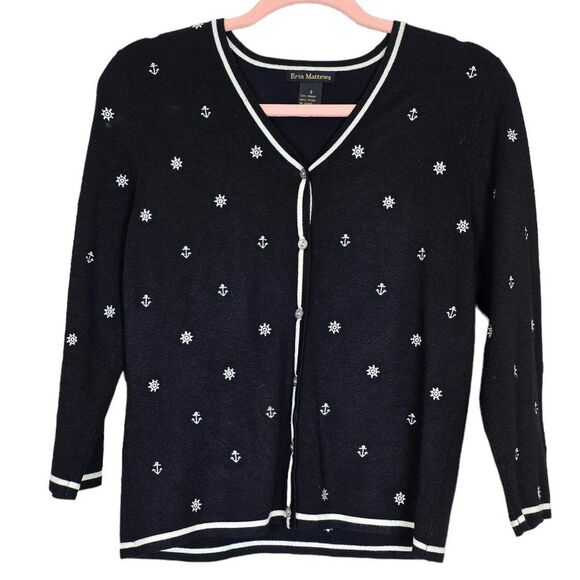 ERIN MATTHEWS Sweaters - ⚓ ERIN MATTHEWS Vintage Black/White Cardigan Nautical Embroidered Size S⚓